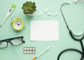 medical-instrument-with-alarm-clock-succulent-plant-plain-surface